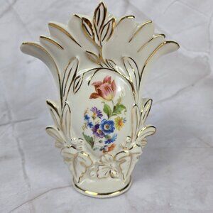 M & R Porcelain Vase Floral Gold Accents Hand Painted USA Vintage Collectible